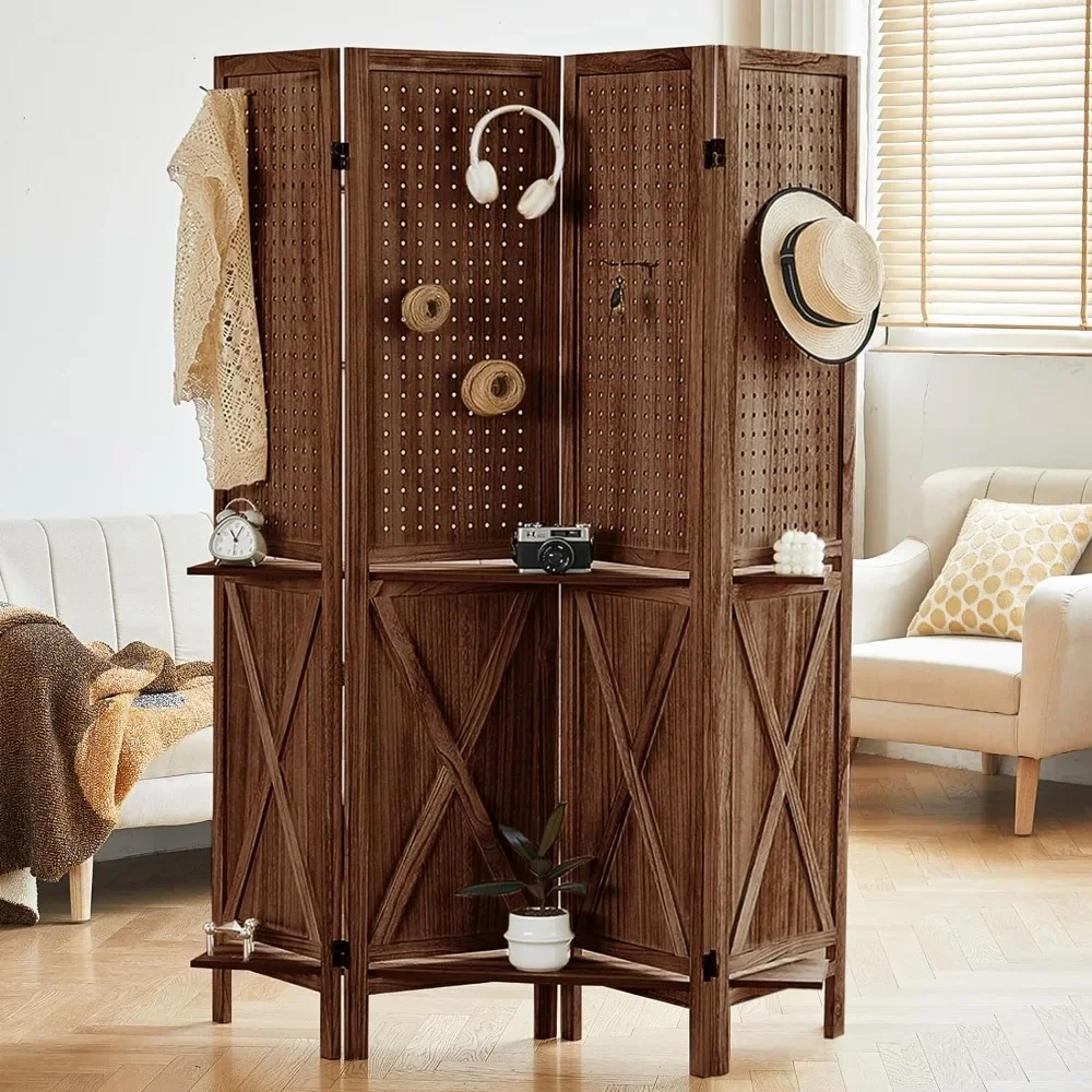 ฉากกั้นห้อง 4 แผงพร้อมชั้นวาง, ห้องไม้เนื้อแข็งพับหน้าจอความเป็นส่วนตัว, ฉากกั้นห้อง Pegboard พร้อมตะขอ 16 อัน, สีน้ําตาล