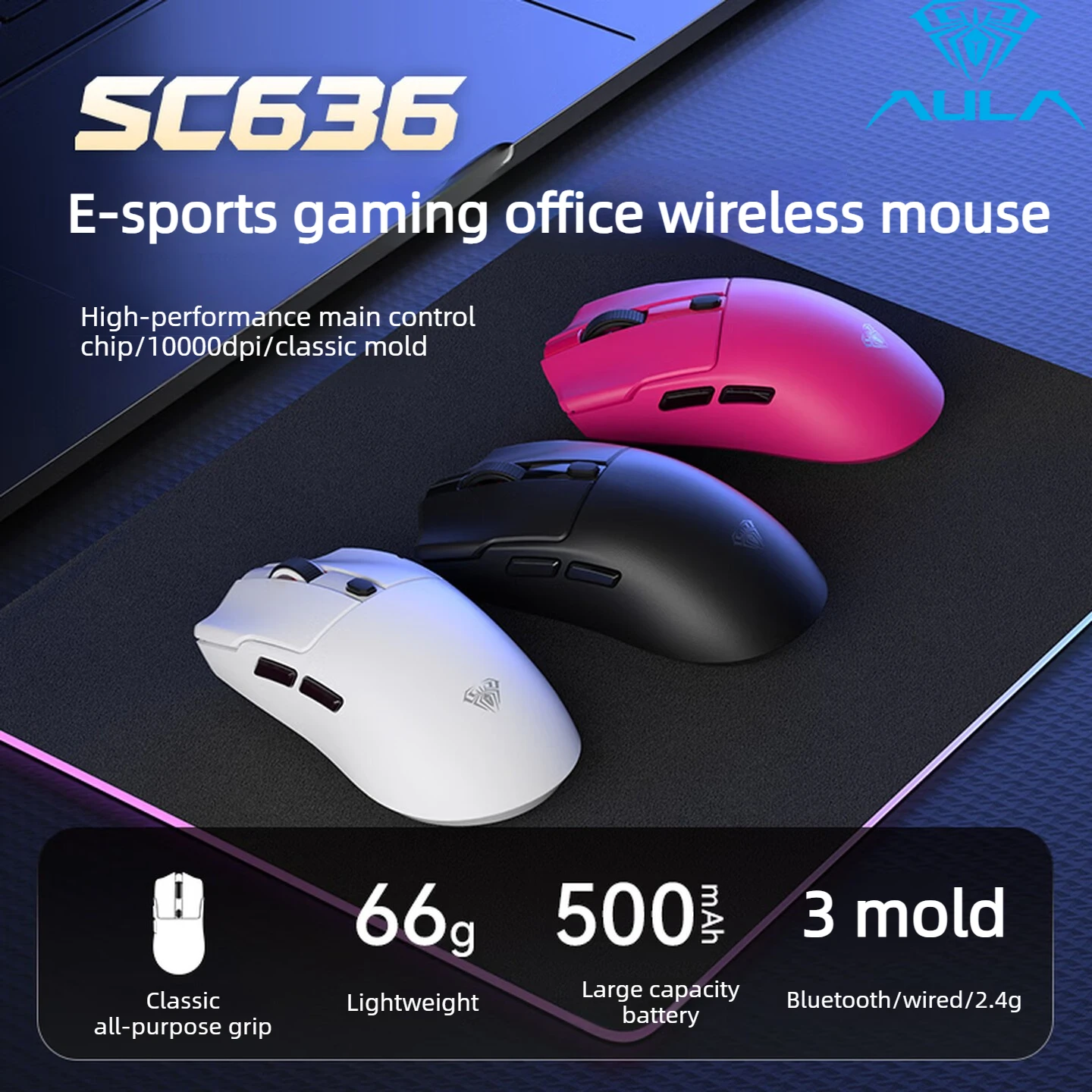 AULA Tri-Mode Wireless Gaming Mouse Bluetooth 2.4G Wired Lightweight 10000DPI 1K Polling Rate Ergonomic Mice For PC Laptop