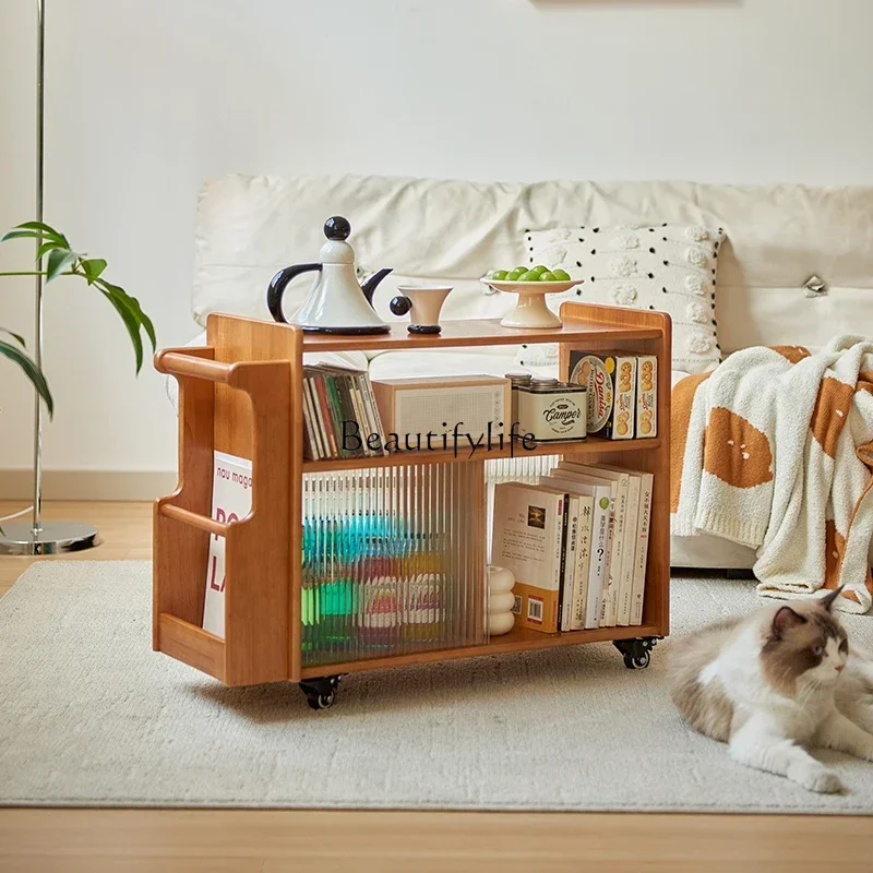 

DDSolid wood edge table movable coffee table Nordic sofa side cabinet household trolley rackSSS