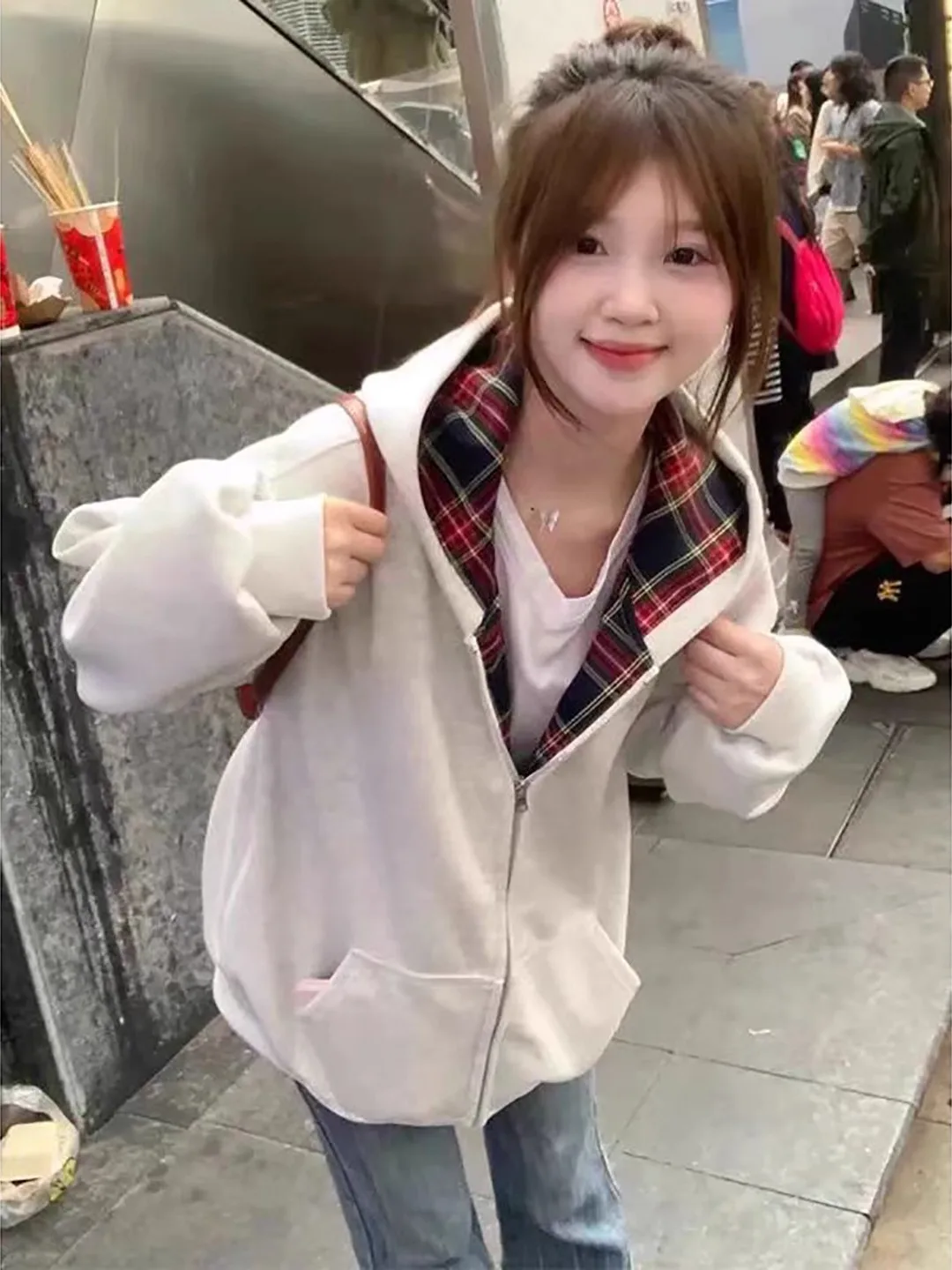 

Large Size American High Street Color Blo Open Cardigan Hoodie Women's High School Students Spring Autumn Loose Zipper Hoodie