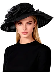 Chapeau de paille à fleurs pour femmes, Fedora, blanc, élastique, élégant, mariage, mariée, église, dames, grand bord, plage, soleil, tri, Derby