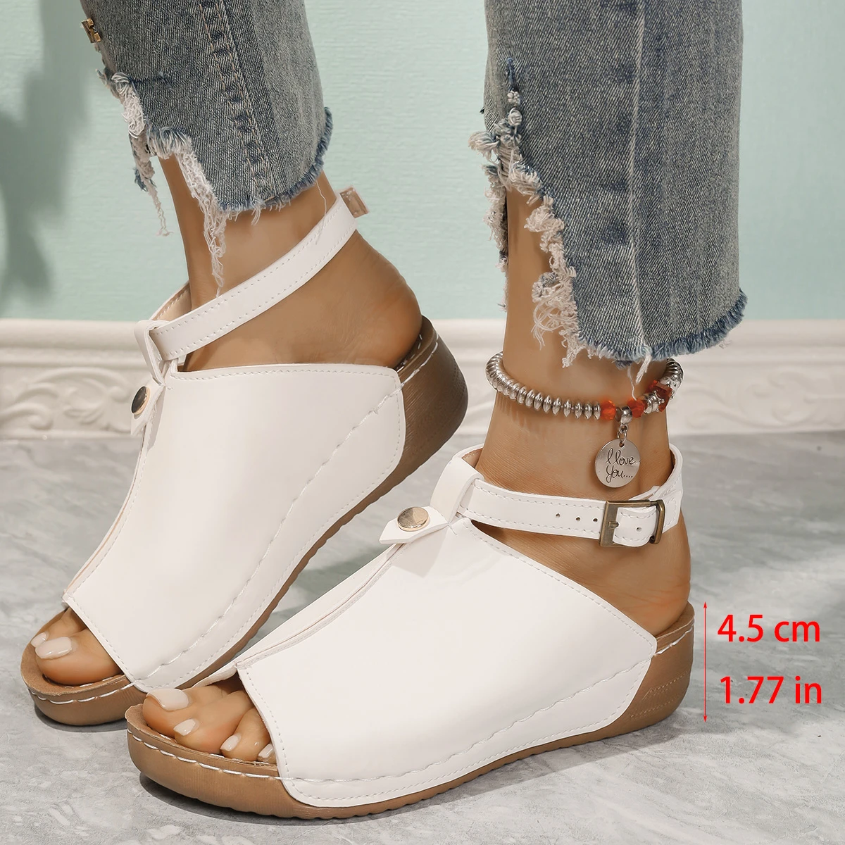 Summer New Women wedge heel stitching line round head Sandals comfortable Non-slip sole Adjustable Ankle buckle open-toe Sandals