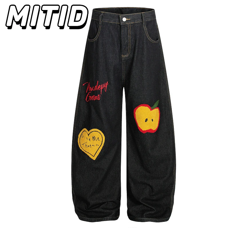 

Hip Hop Wide Leg Pants Men And Women Heart Apple Embroidery High Street Denim Trousers Women Black Jeans Men Baggy Jeans Men