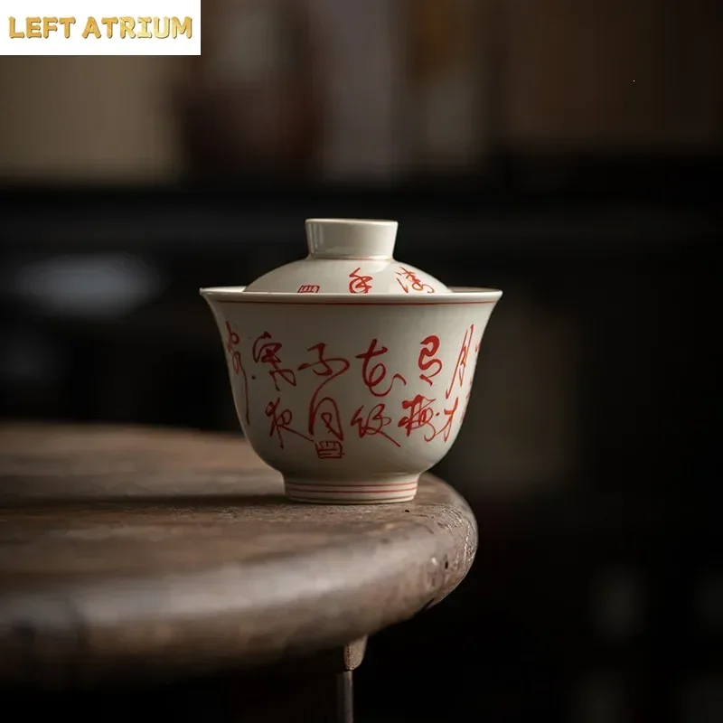 Hand-painted Cold Night Cover Bowl, Chinese Antique Kung Fu TeaSet Sancai Bowl Literati Tea Ware Ceramic Tea Bowl Tea Tableware