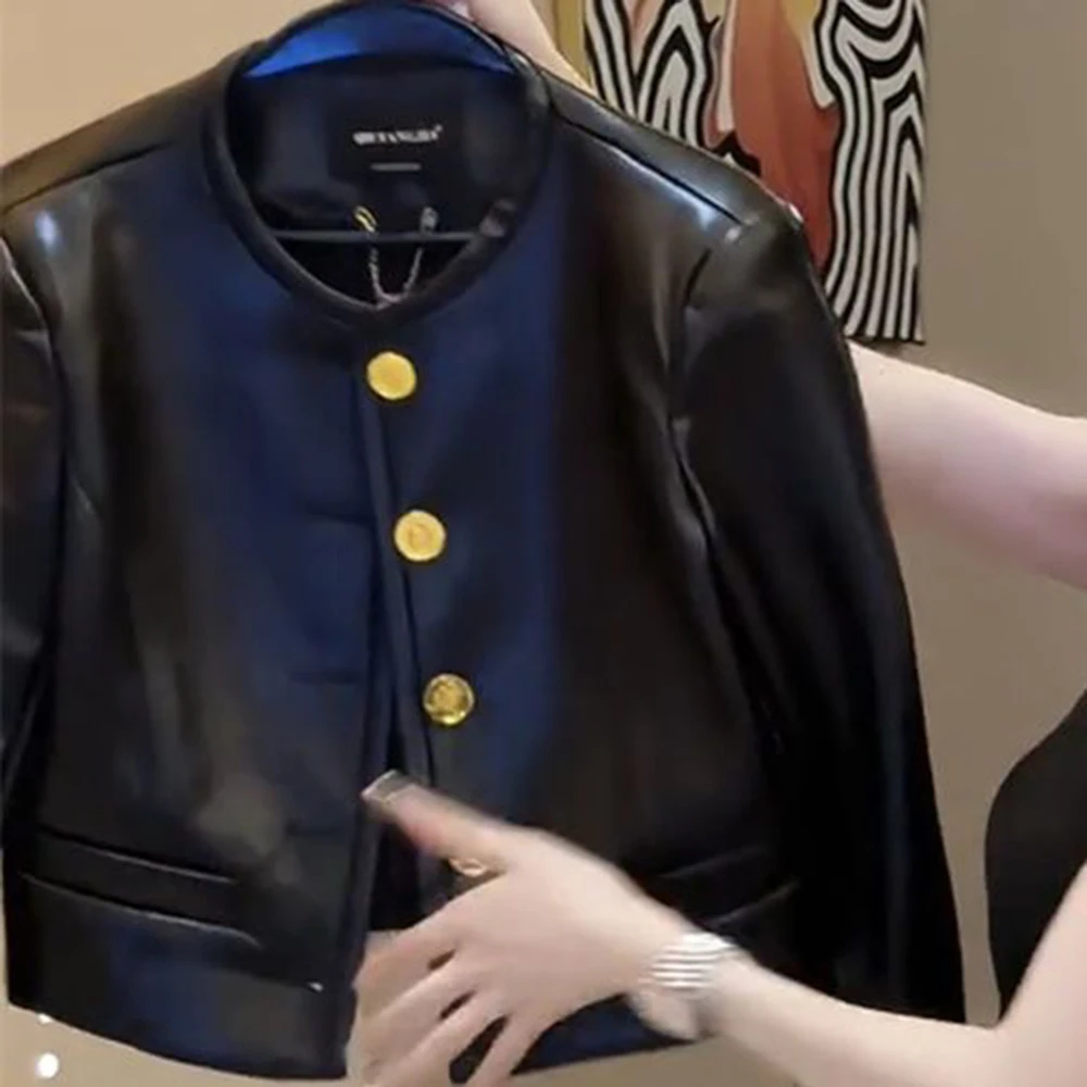 2025 autumn new fashion leather U coat women's high-end heavy industry metal buckle lapel thin short leather jacket