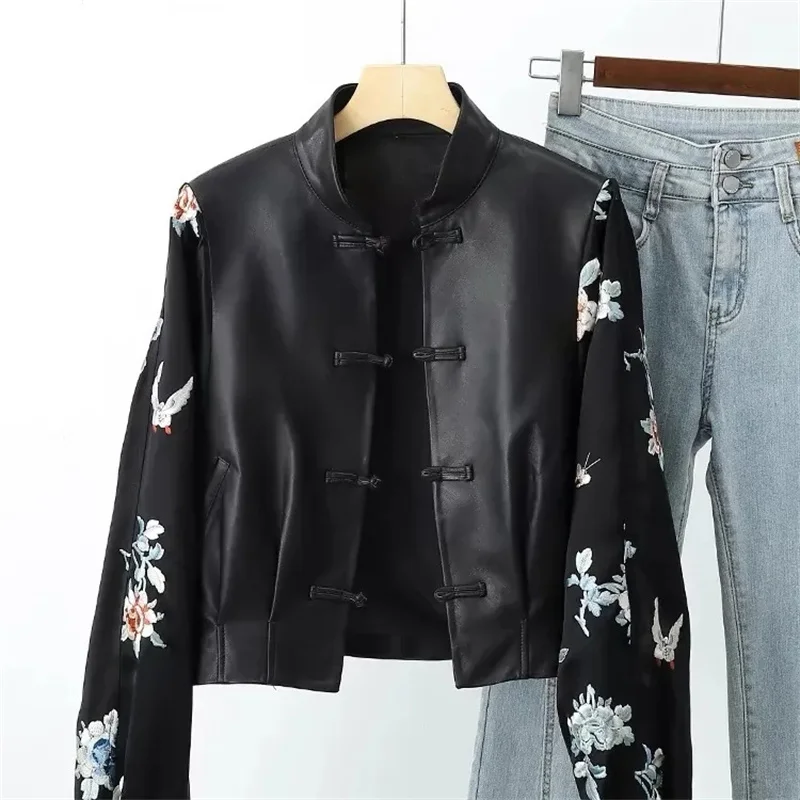 

Spring High-grade Stitching Sleeve Temperament Female Short Simulation Sheepskin National Trend Embroidered Leather Clothing