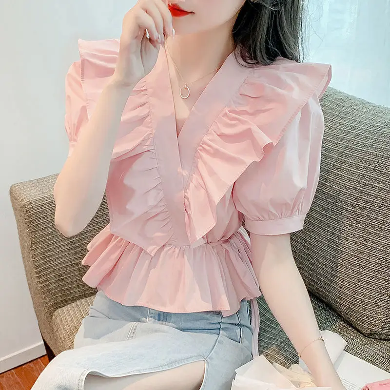 French Style Sweet Cute Summer New SolidV-neck Shirts Women\'s Patchwork Ruffles Drawstring Waist Retraction Short Sleeve Blouses