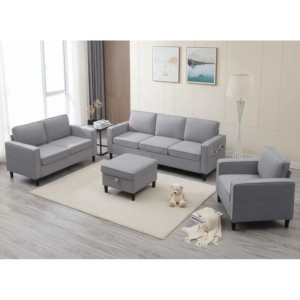 

3-Piece Linen Living Room Sofa Set: Couch, Loveseat, Ottoman, and Armchair in Light Grey with Wooden Legs