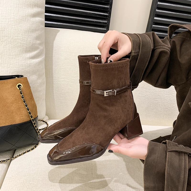 Women Ankle Boots Square Toe Block Heel Faux Suede Cap Slim Fit Office Vintage Ladies Casual Autumn Winter Boots Shoes For Woman - view 4