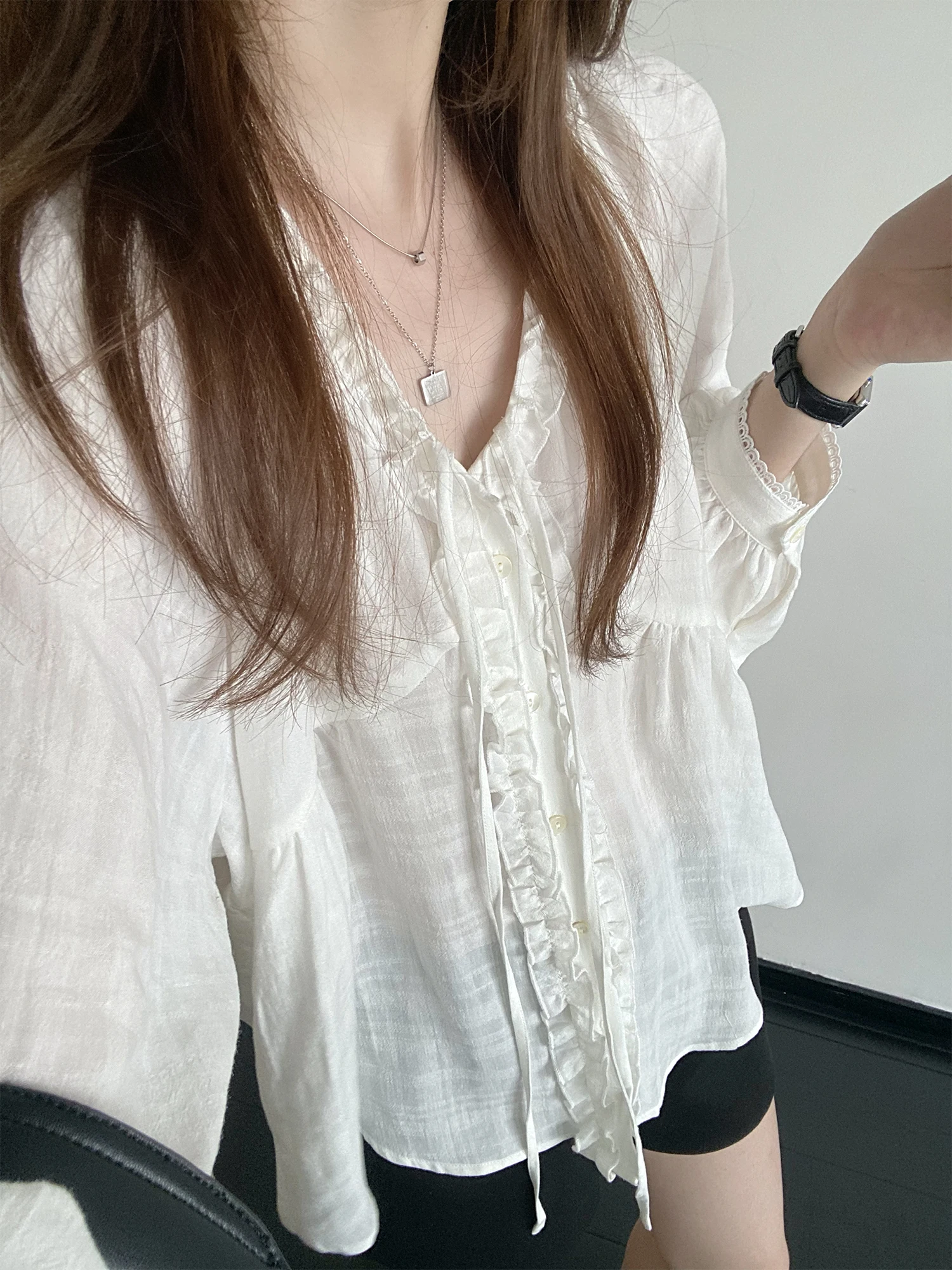 Breathable Loose Long Sleeve V-Neck Sunbrella Romantic Summer Women's Shirt Gauze  Soft Style Casual Fashion Top