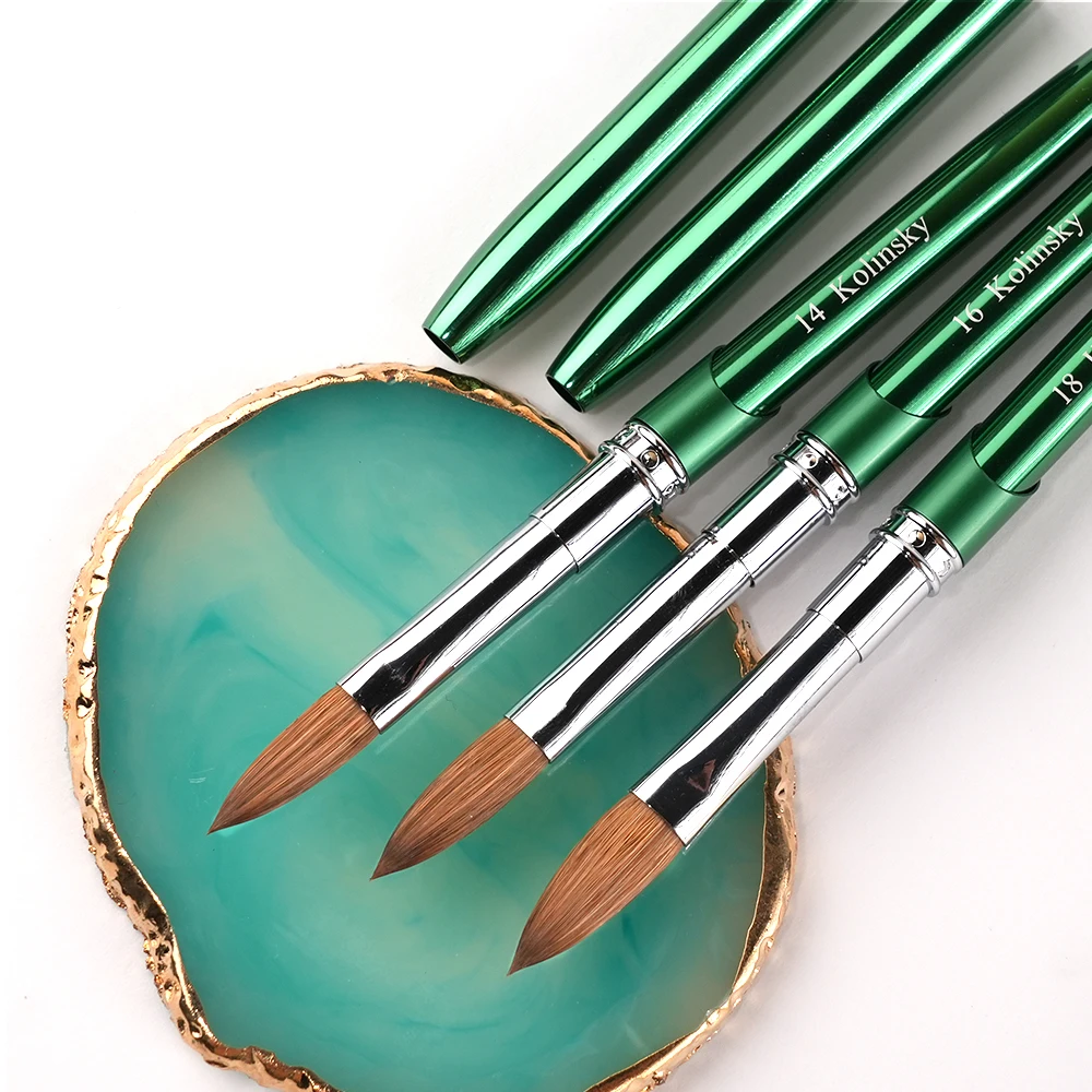 100% Kolinsky acrylique brosse à ongles conception vert poignée en métal manucure professionnelle bonne qualité pour vernis poudre taille 2 # -18 #