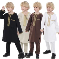 Muslim Children Robe 2 Pieces Set Kids Boy Round Neck Long Sleeve Printed Dress Shirt Abaya Kaftan Jubba Thobe Islamic Clothing