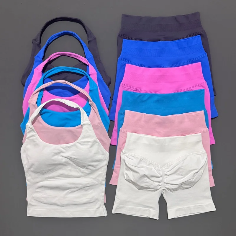 2 Pic Histello Sports Set Women Neck Halter Shockproof Longline Strappy Top Workout Scrunch Shorts Sets Fitness Clothes Gym Suit