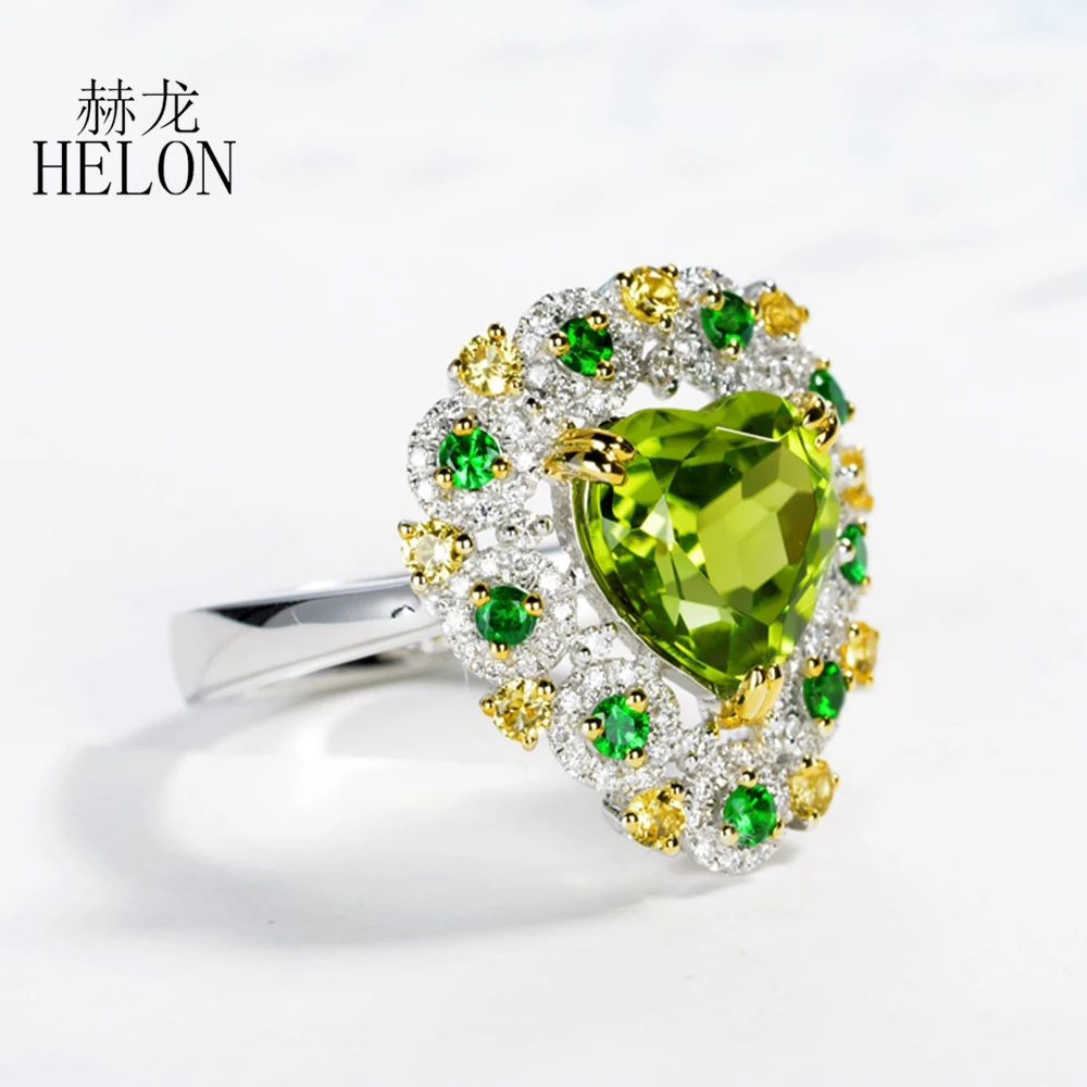 HELON Heart Cut 9mm Genuine Peridot Solid 18k White Gold Ring Real Natural Diamond Anniversary Band Vintage Luxury Jewelry