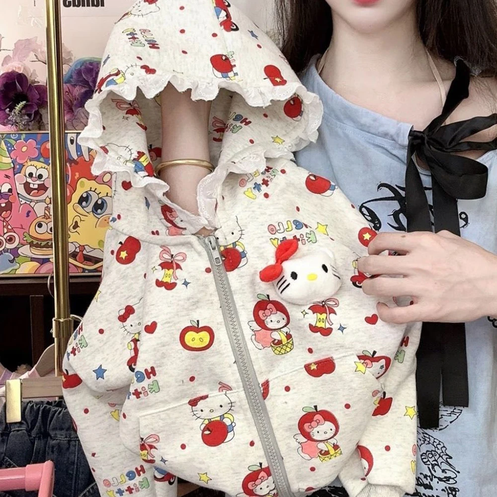 

Cute Hello Kitty Kids Hooded Jacket Sanrio Girl Kawaii Korean Style Fashion Casual Print Outdoorjackets Cardigan Hooded Jacket