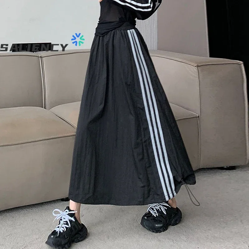 Women\'s Black Vintage High Waist Drawstring Skirt Summer Loose Casual Midi Skirts Elastic Waist Clothes for woman y2k