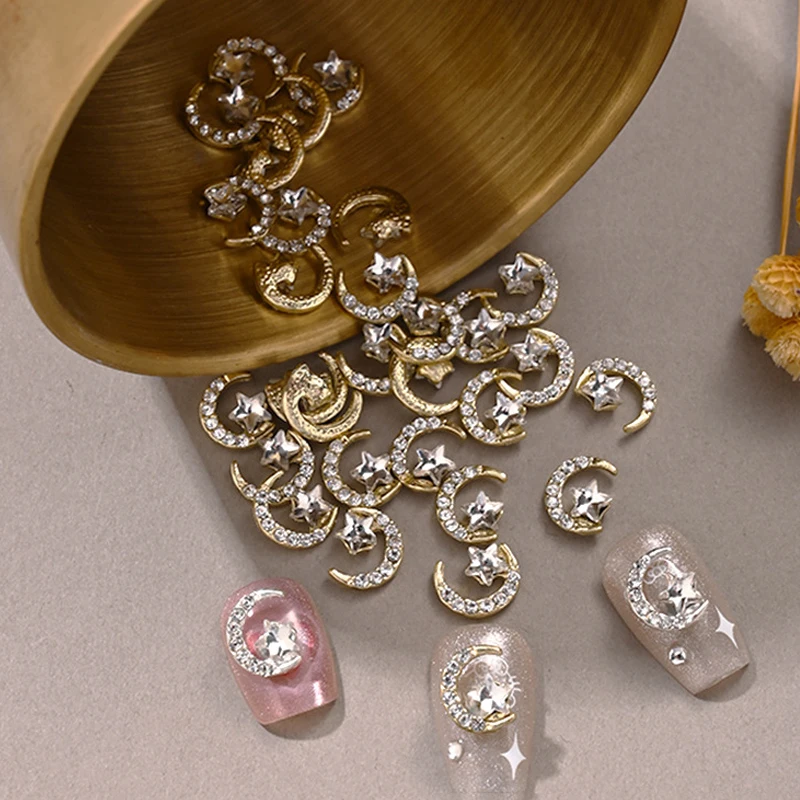 10 قطعة نجمة القمر مسمار السحر الذهب والفضة الفاخرة الماس مرصع الراين رسومات أظافر الديكور DIY بها بنفسك سبيكة مانيكير اكسسوارات