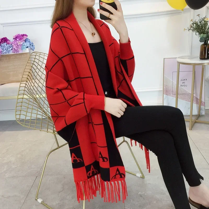 Europe Style Plaid Trendy Woolen Women\'s Plaid Cape Coat Open Front Blanket Shawls Wraps Sweater Poncho For Winter Cloak