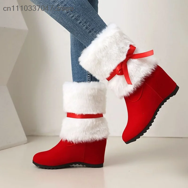 Women Christmas Red Mid Calf Snow Boots Santa Cosplay Holiday Party Daily Cold Shoes Holiday Celebration And Casual Outdoor Boot