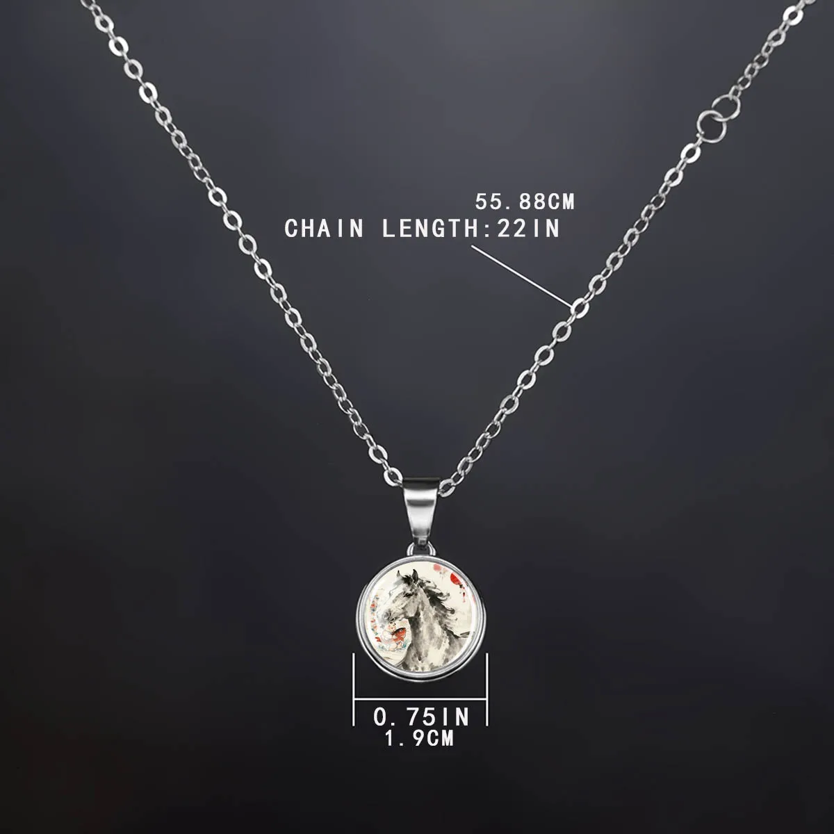 1PC Ink Wash Style Horse Pattern Necklace, Glass Inlaid Buckle Pendant, Suitable As Holiday Gift, Birthday Gift