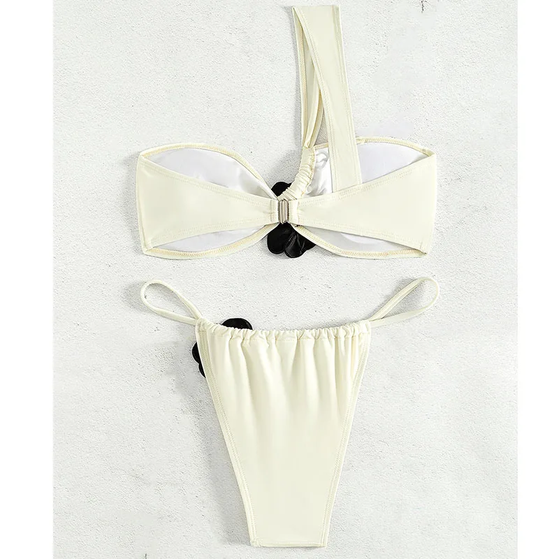 Deux pièces femmes 3D fleur une épaule Bikini ensemble femme taille basse maillot de bain fendu maillots de bain maillots de bain