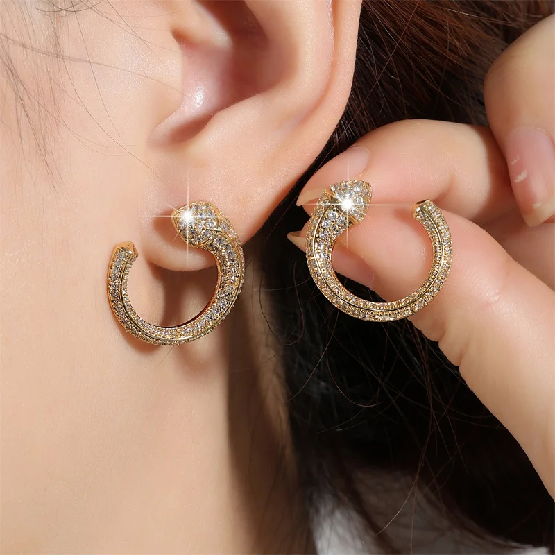 Yupsk Luxury Sparkling Micropaved Zirconia Snake Head CC Stud Earrings Unique Party Jewelry Gifts for Women