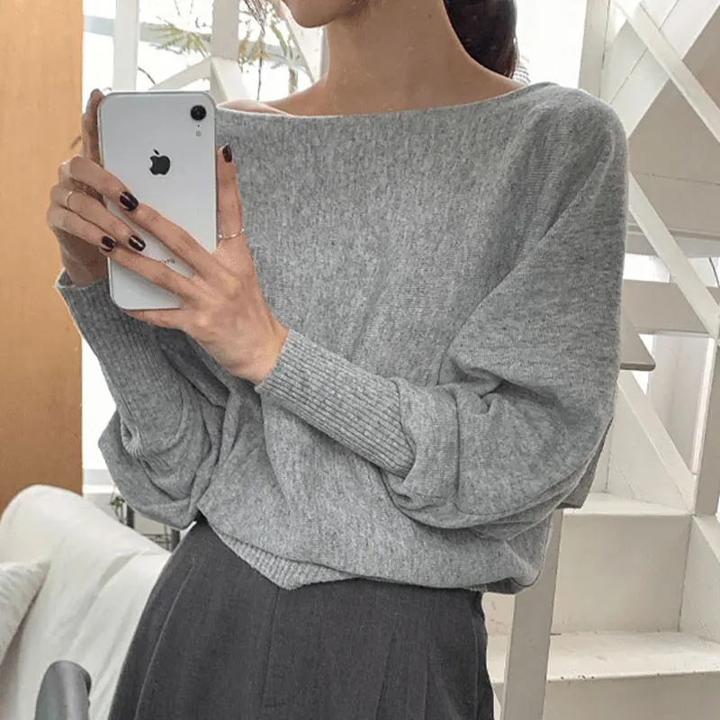 South korea Chic Autumn Retro Elegant round Neck Pullover Solid Loose All-Match Lantern Sleeve Knit Sweater Women