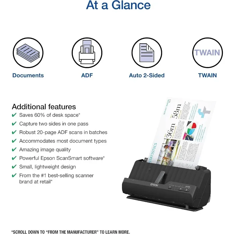 Epson Workforce ES-C220 Compact Desktop Document Scanner with 2-Sided Scanning and Auto Document Feeder (ADF) for PC and Mac