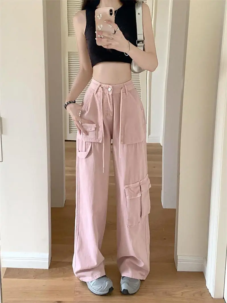 

High Waist Drawstring Cargo Pocket Jeans Women's Loose Fit Casual Slimming Wide Leg Fashionable Trousers Spring 2026 New Style