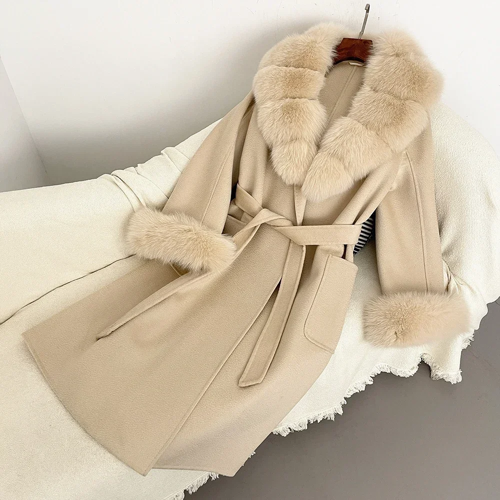 OFTBUY 2024 Wool Coat Woolen Ladies Natural Fox Fur Collar Real Fur Coat Winter Jacket Women Belt Warm Outerwear Streetwear