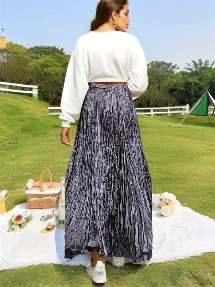 Miyake Manual Large Hem Pleated Mid Length Skirt for Female Elastic Waist Solid Color Irregular Skirts Female Elegant Clothing