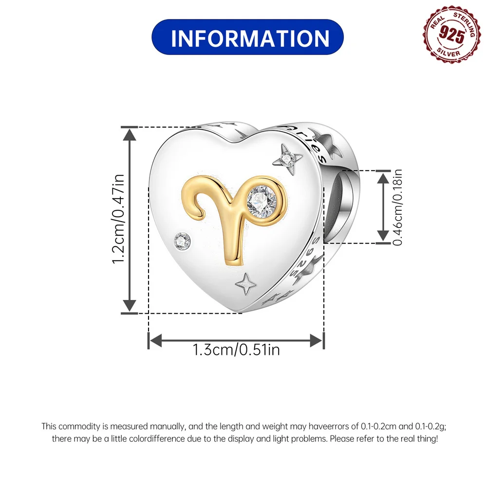 925 Sterling Silver Heart Shaped Aries Zodiac Charm Two-Tone Gold Plated Aries Sign beads Fit DIY Charm Bracelets Jewelry Gift