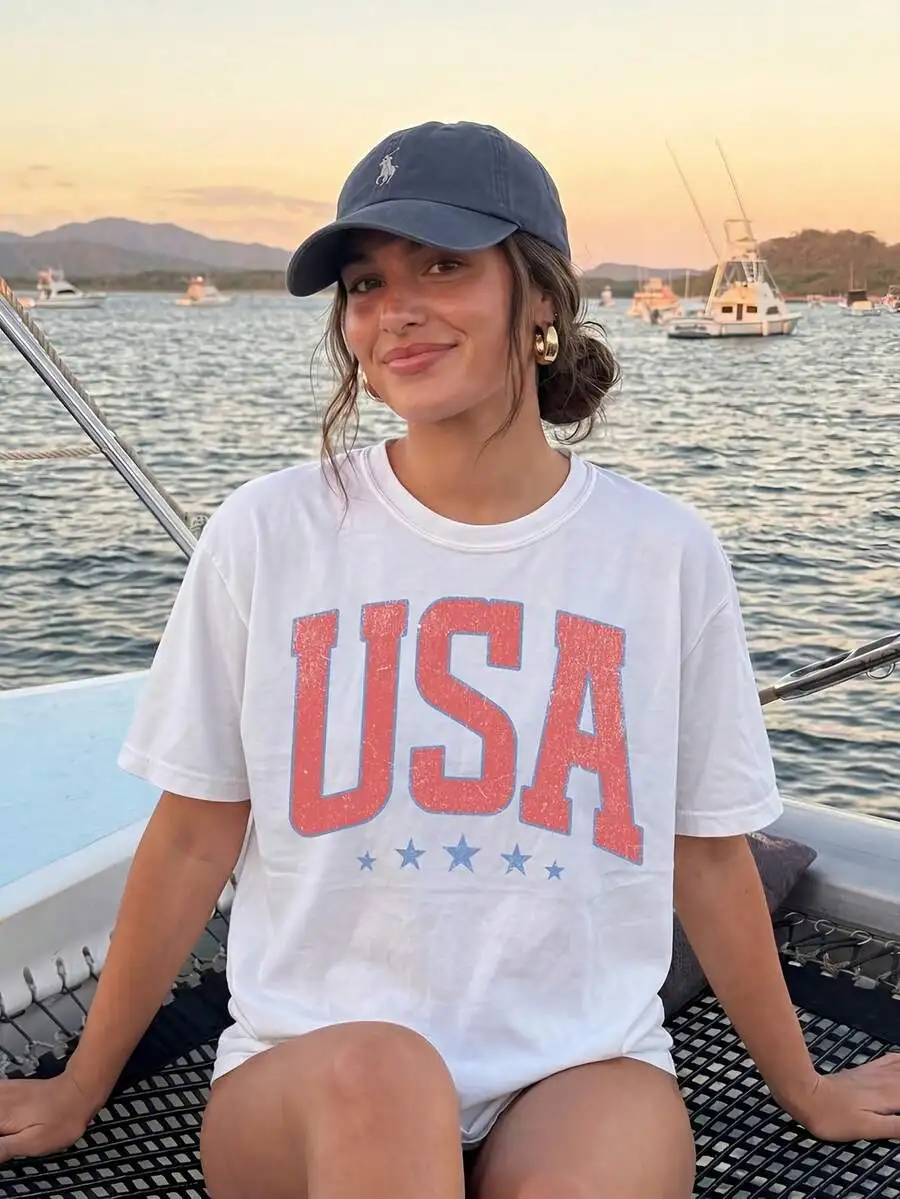 2026 New Fashion Women Crew Neck T-Shirt Y2K Retro America 4th Of July Graphic Print Preppy Oversized USA Aesthetic Patriot Fall Back To School Basic Top T-Shirt