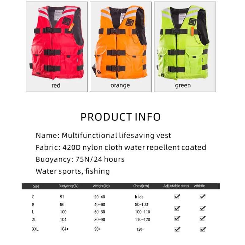 Life Vest with Whistle Pockets for Adults and Children, 100 N Approved, SOLAS Reflector, Swimming Boat, Buoyancy Aids