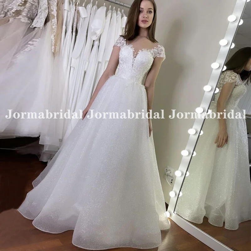 

Cap Sleeve Glitter Wedding Dresses Princess A-Line White Sparkly Bridal Gowns Floral Applique Custom Garden Bride Wedding Dress