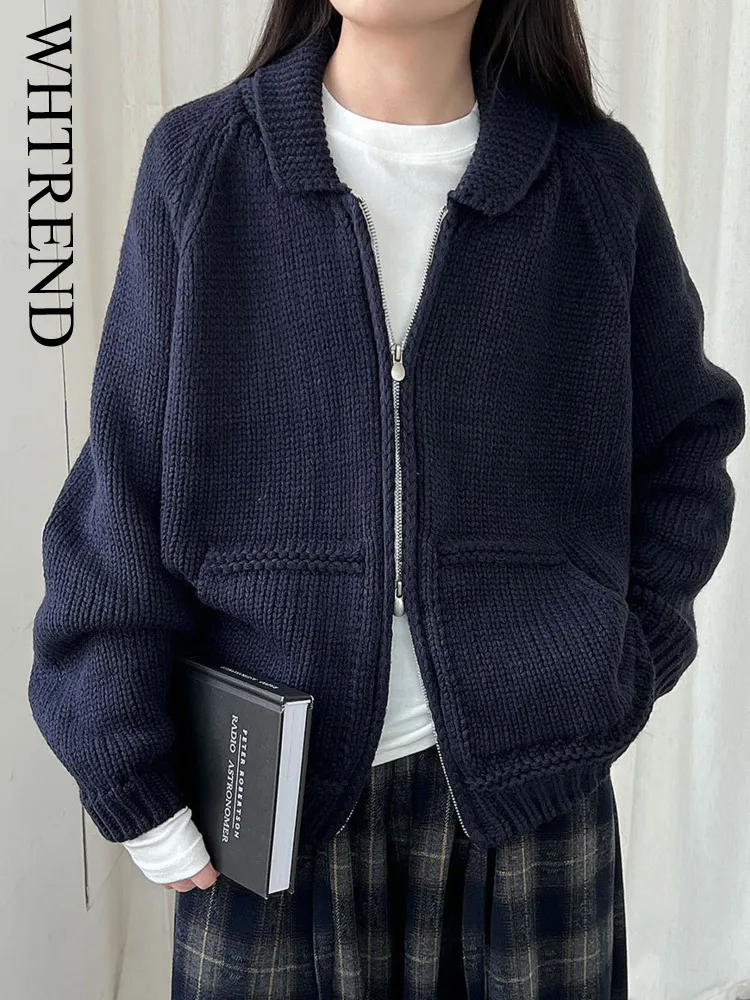 

WHTREND Designer Thick Knit Lapel Cardigan Top For Women New Loose Style Knitted Zipper Sweater Autumn Winter WH2010