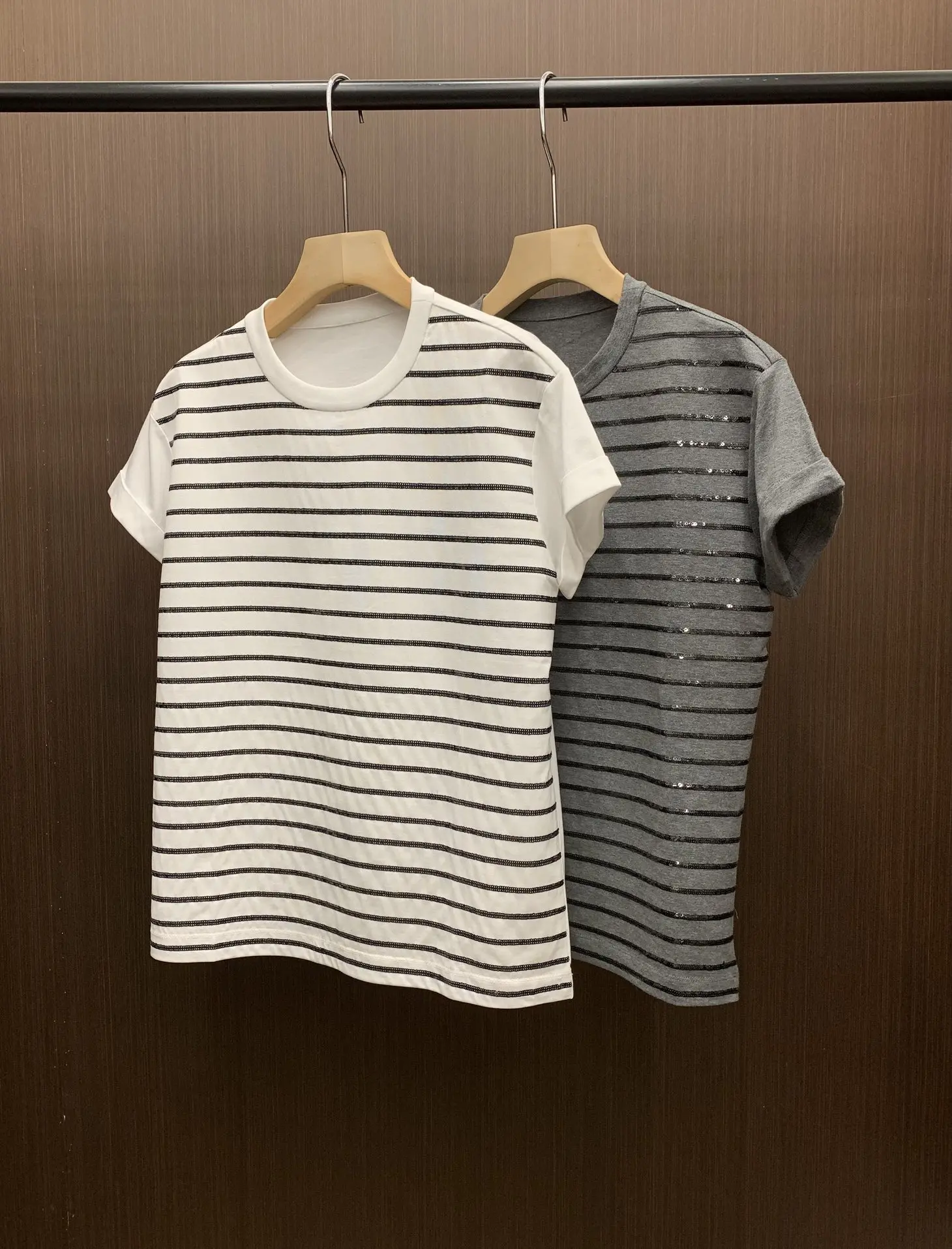 T-shirt For Women 2024 New Spring Summer 100% Cotton Stripe Bead Chain O-neck Casual Short Sleeve Top