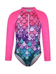One Piece Girls Swimsuit 2026 New Solid Print Long Sleeves Zipper Kids Swimwear Bodysuit Children Bathing Suit Beach Wear Summer