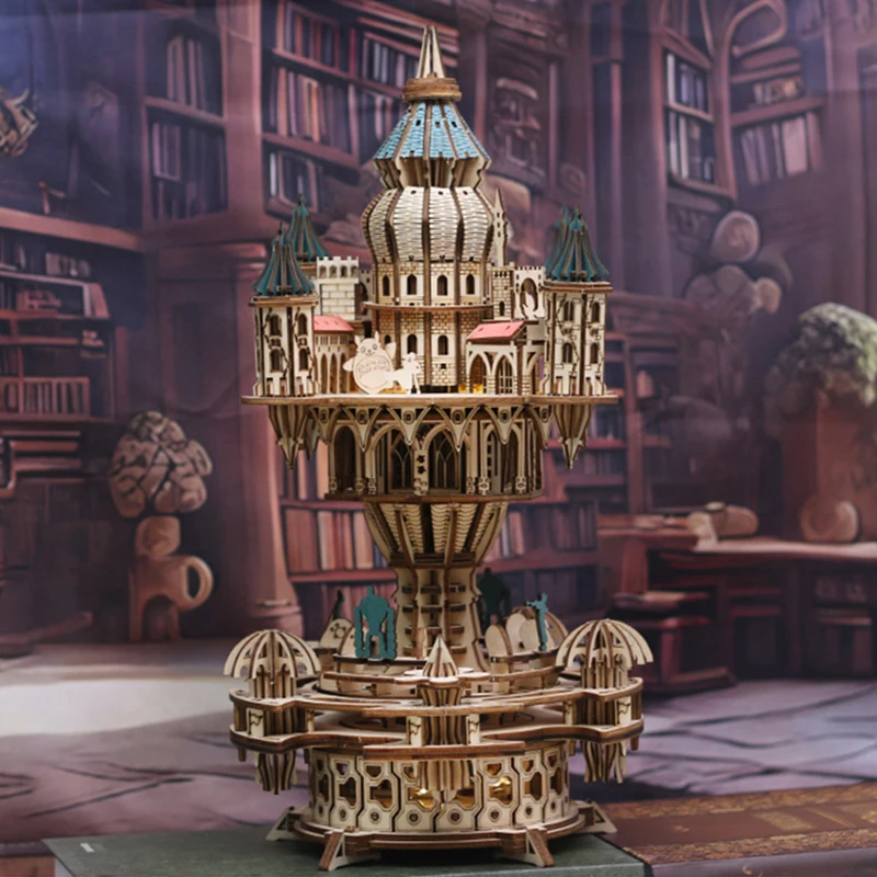 NEW DIY 3D Wooden Puzzle Castle in the Sky Music Box Miniature