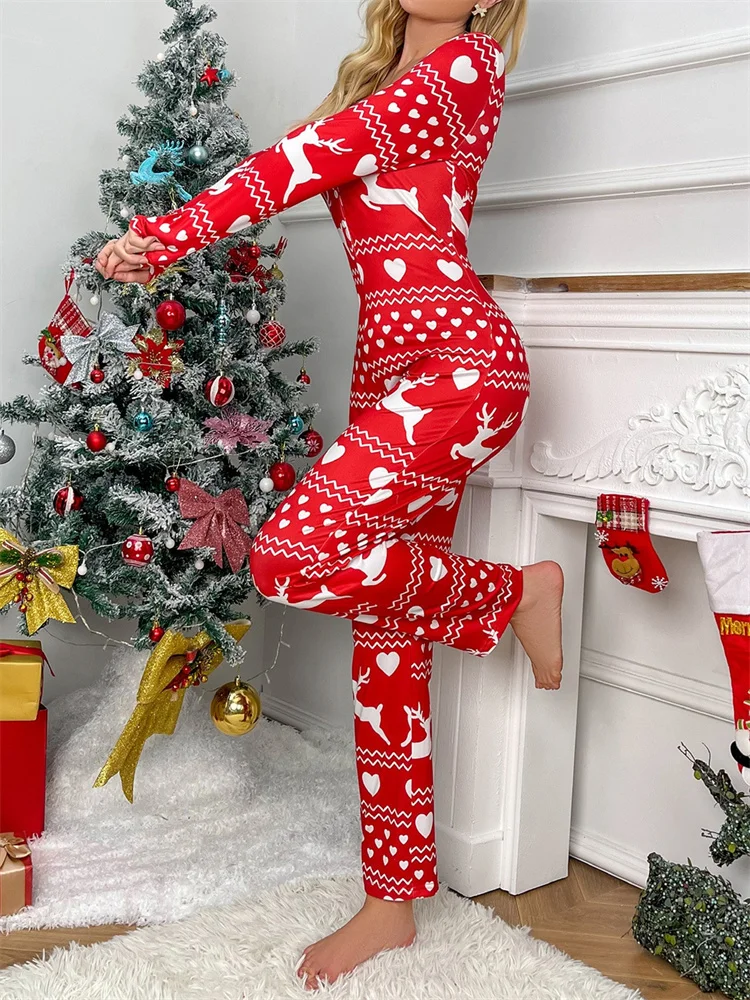 CHRONSTYLE Women Christmas Rompers Pajamas Long Sleeve V Neck Cartoon Snowflake Elk Print Button Up Long Homewear Jumpsuits 2022