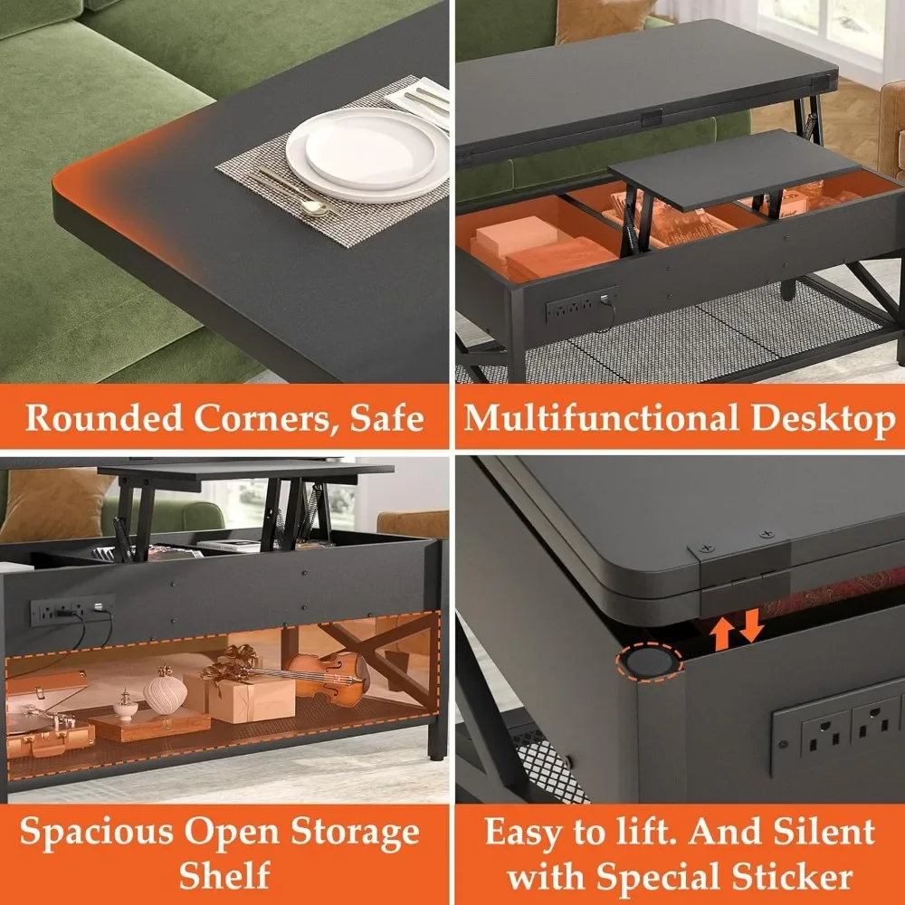Coffee Table Lift Top Multi-Function Coffee Table Converts to Dining Table, with LED Light and Power Outlet, Center Table with