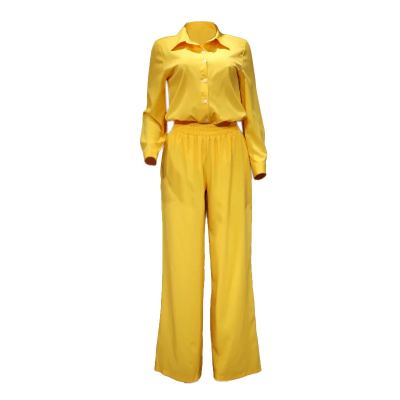 Woman 2 Pieces Set Elegant 2024 Autumn Office Turn-Down Collar Long Sleeve Button Shirt Top & Elastic Waist Wide Leg Pants Suit