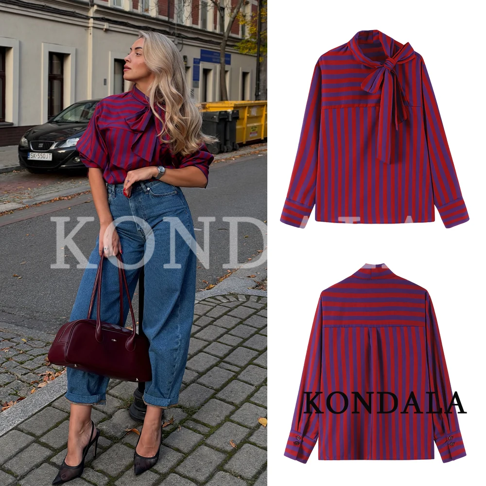 KONDALA Women Elegant Bow-Collar Striped Shirt Chic High Street Semi-open Shirts 2026 Early Fall Trendy Commute Casual Shirts