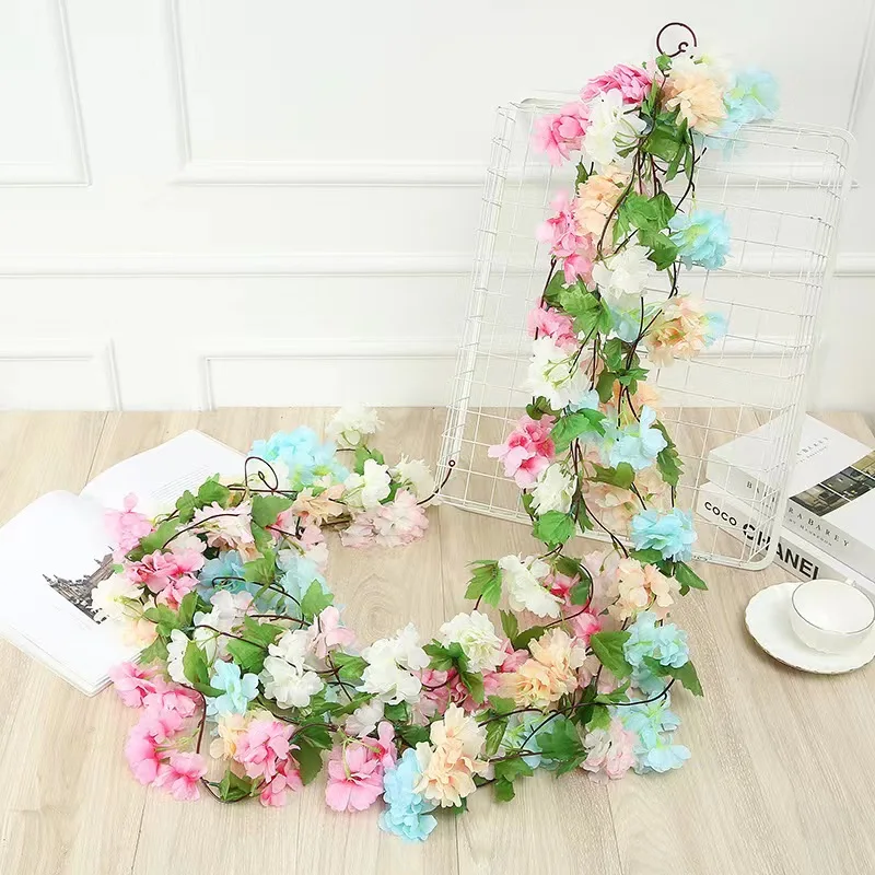 2.2m Artificial Flower String with Leaves Silk Cherry Blossom Rose Ivy Vines Living Room Garden Wedding Garland Arch Decoration