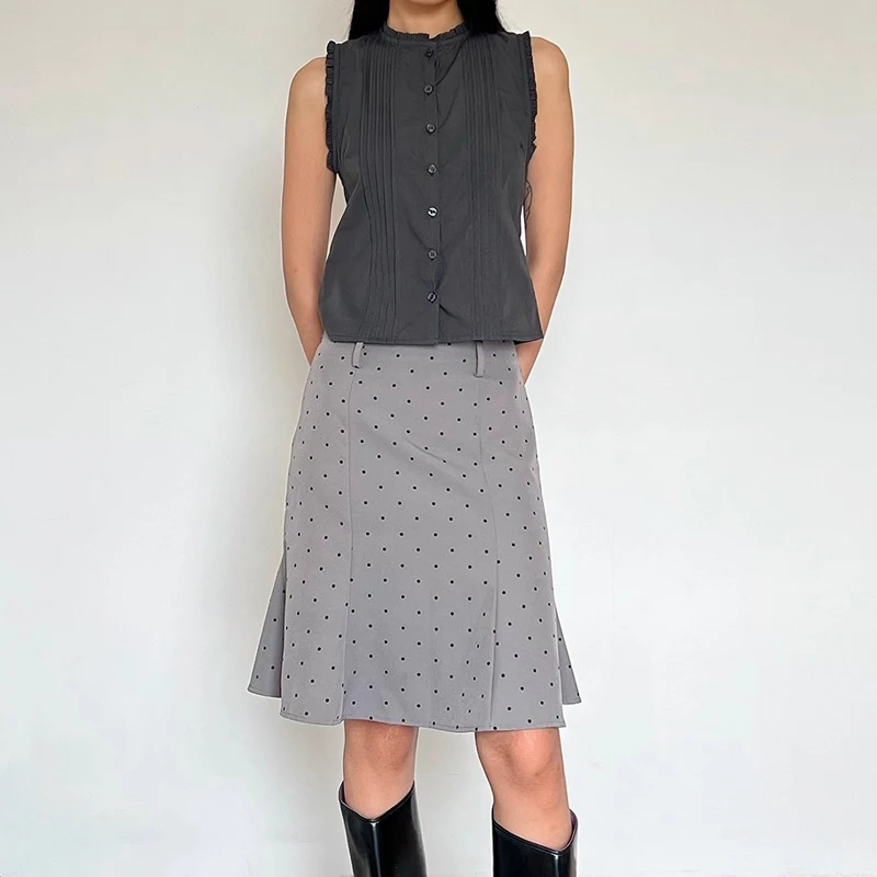 

Women Vintage Flare Hem Skirt In Polka Dot Print With Belt Loops