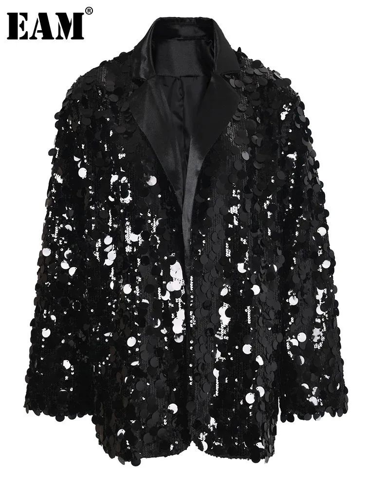 [EAM] Black Sequins Shining Big Size Casual Jacket New Lapel Long Sleeve Women Coat Fashion Tide Spring Autumn 2024 CPG1020