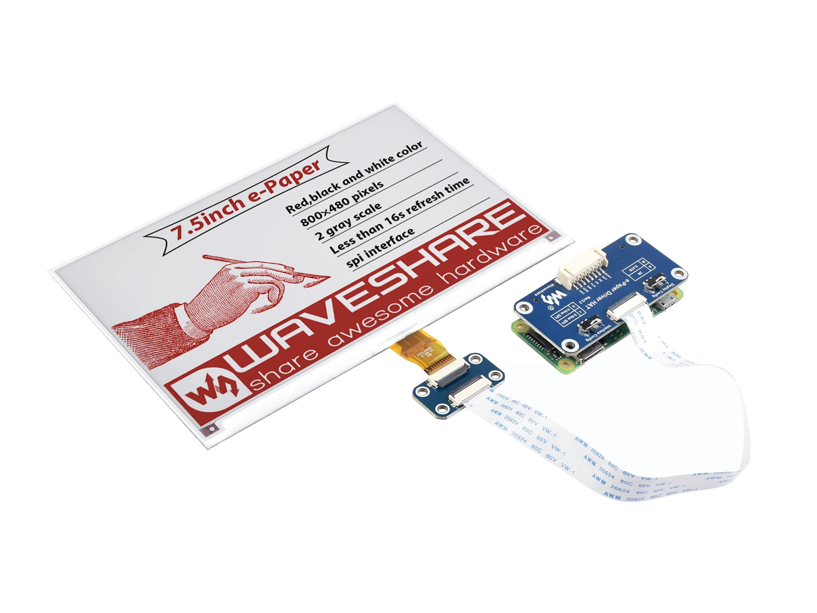 :7.5inch e-Paper HAT (B),For Raspberry Pi, 800×480, Red / Black / White, Three-Color, SPI Interface,Paper-Like Displaying