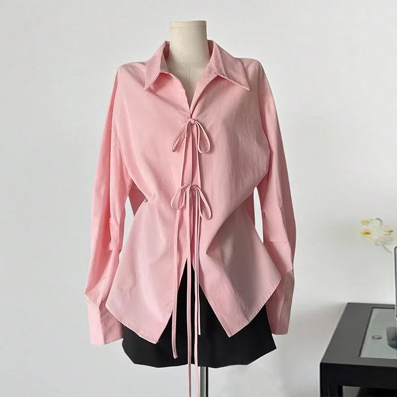 

Temperament Long-sleeved Shirt 2026 Spring New Solid Color Lace-up Shirt Cardigan Women