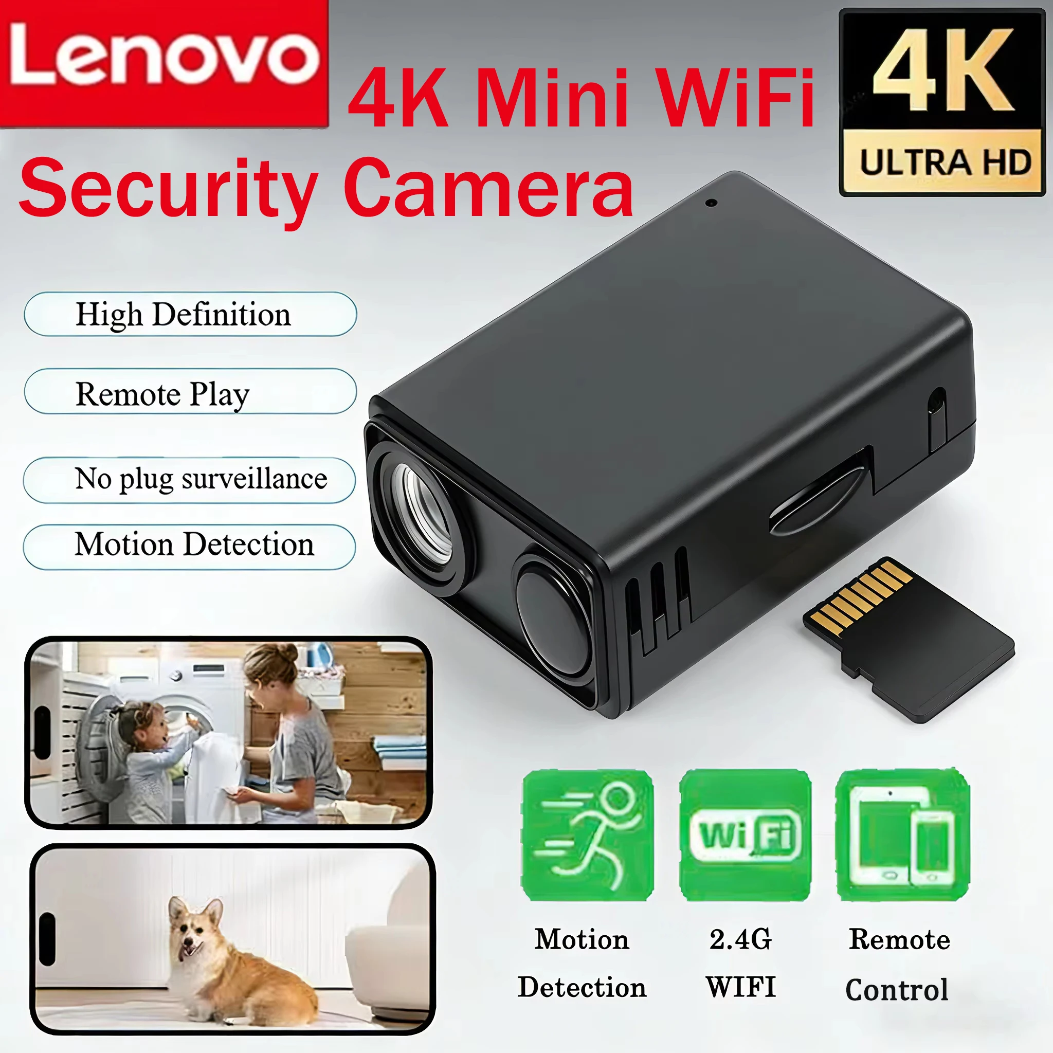 Lenovo 4KHD Camera WiFi Wireless Monitor Night Vision Remote Motion Detecting Camcorders Security Protection Indoor Surveillance