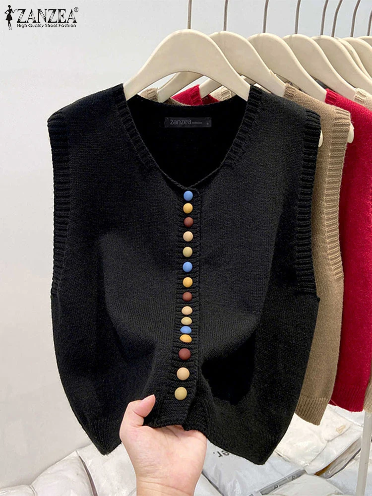 

ZANZEA 2022, осенний свитер, жилет, вязаный свитер, женские джемперы без рукавов с v-образным вырезом, красочные жилеты на пуговицах, базовые пуловеры больших размеров